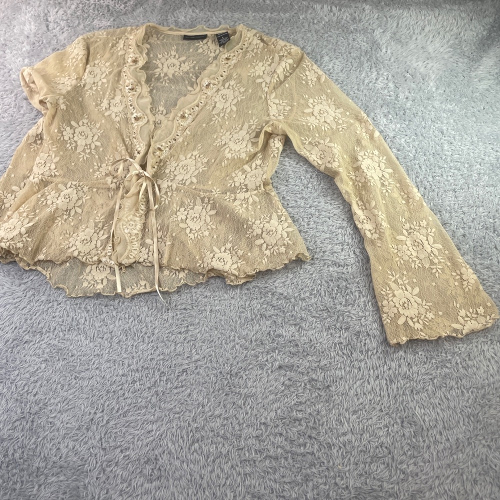 New York & Co Vintage Babydoll Lace Cardigan Womens L Beige Coquette Sheer Y2K - Picture 4 of 5